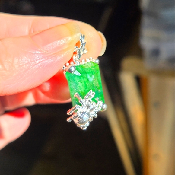 Natural Kharma by Avelon Jewelry - Green Beryl emerald cut 9k sterling spider 🕷 pendant